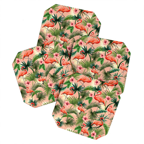 ChrissyInk Pink flamingoes tropical palm Coaster Set