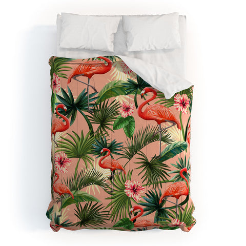 ChrissyInk Pink flamingoes tropical palm Comforter
