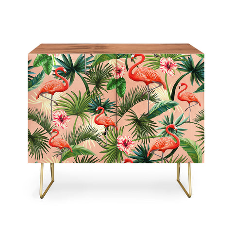 ChrissyInk Pink flamingoes tropical palm Credenza