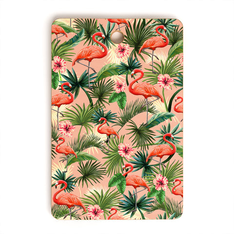 ChrissyInk Pink flamingoes tropical palm Cutting Board Rectangle