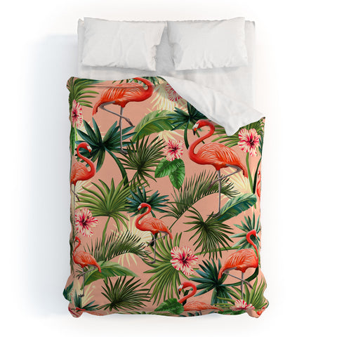 ChrissyInk Pink flamingoes tropical palm Duvet Cover