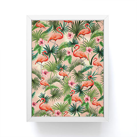 ChrissyInk Pink flamingoes tropical palm Framed Mini Art Print