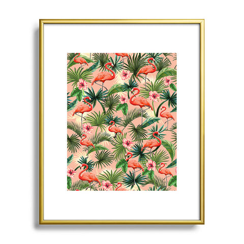 ChrissyInk Pink flamingoes tropical palm Metal Framed Art Print