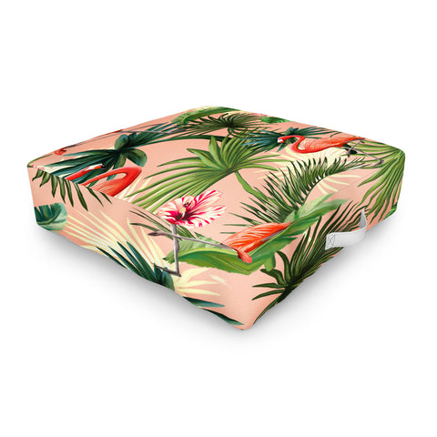 ChrissyInk Pink flamingoes tropical palm Outdoor Floor Cushion