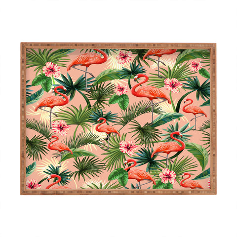 ChrissyInk Pink flamingoes tropical palm Rectangular Tray