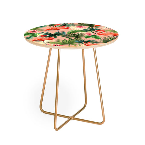 ChrissyInk Pink flamingoes tropical palm Round Side Table