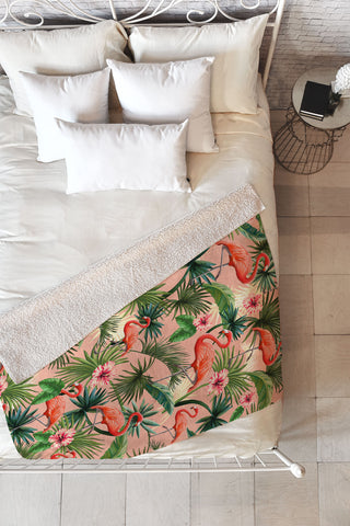 ChrissyInk Pink flamingoes tropical palm Fleece Throw Blanket