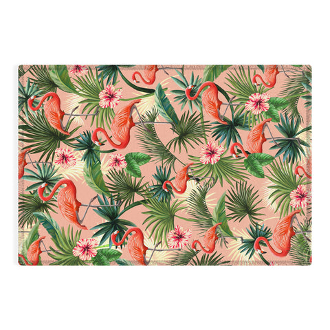 ChrissyInk Pink flamingoes tropical palm Outdoor Rug