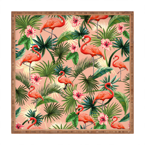 ChrissyInk Pink flamingoes tropical palm Square Tray