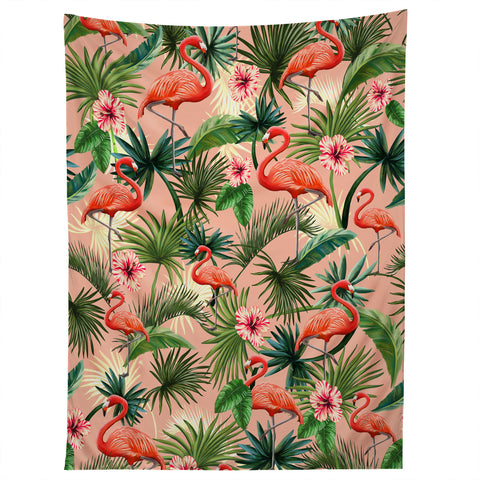 ChrissyInk Pink flamingoes tropical palm Tapestry