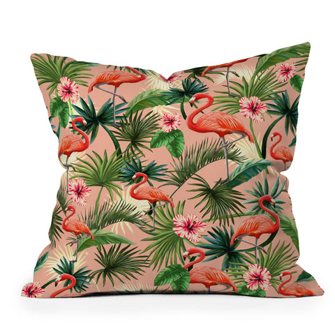 ChrissyInk Pink flamingoes tropical palm Throw Pillow