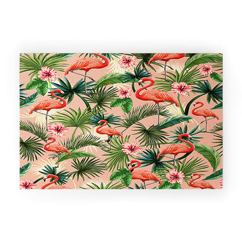 ChrissyInk Pink flamingoes tropical palm Welcome Mat