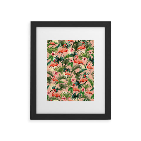ChrissyInk Pink flamingoes tropical palm Framed Art Print