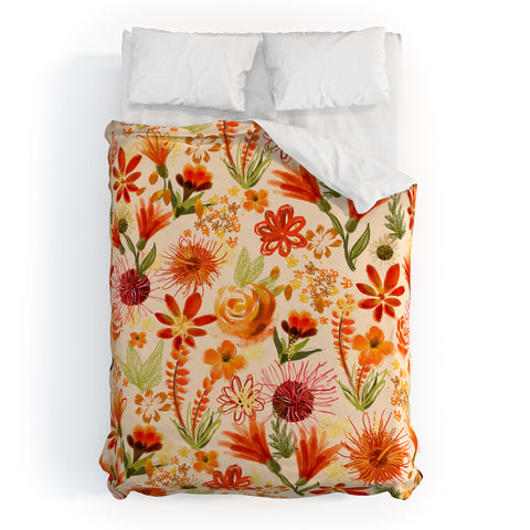 ChrissyInk Watercolor flowers orange red Duvet Cover