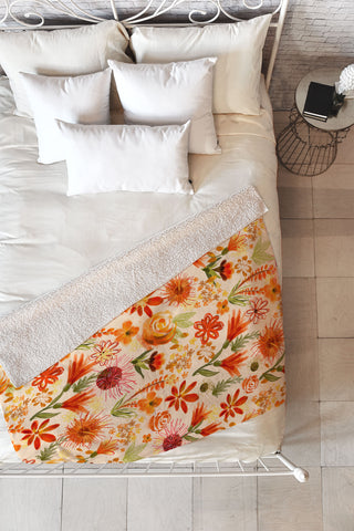 ChrissyInk Watercolor flowers orange red Fleece Throw Blanket