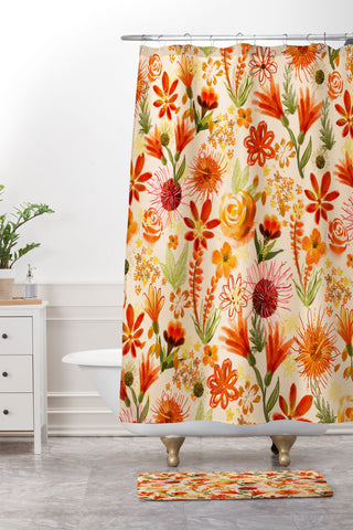 ChrissyInk Watercolor flowers orange red Shower Curtain And Mat