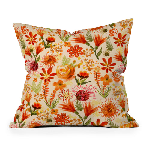 ChrissyInk Watercolor flowers orange red Outdoor Throw Pillow