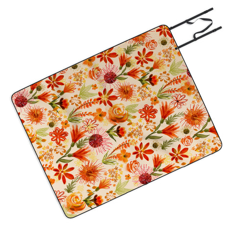 ChrissyInk Watercolor flowers orange red Picnic Blanket