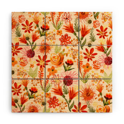 ChrissyInk Watercolor flowers orange red Wood Wall Mural