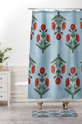 Christabel Pastel Mughal Poppies Pattern Shower Curtain And Mat