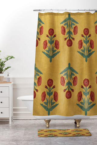 Christabel Yellow and Red Mughal Poppies Shower Curtain And Mat