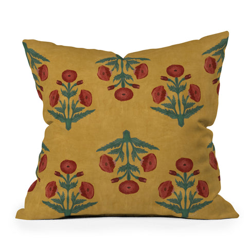 Christabel Yellow and Red Mughal Poppies Outdoor Throw Pillow