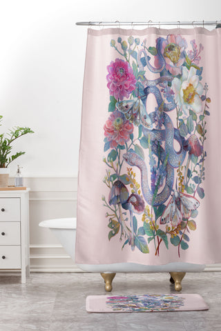Clara McAllister Pink Floral Snake Shower Curtain And Mat