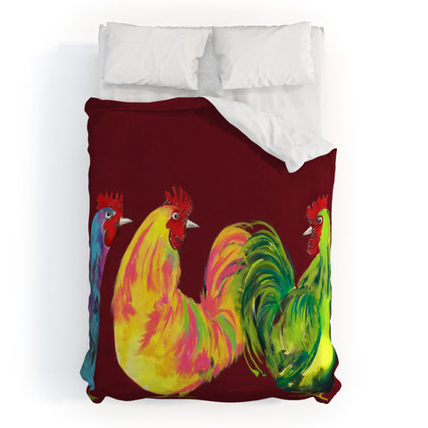 Clara Nilles Rainbow Roosters On Sangria Duvet Cover