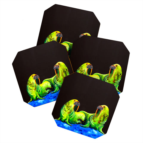 Clara Nilles Wasabi Walruses On Walnut Coaster Set