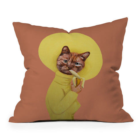 Coco de Paris Cat eating banana Outdoor Throw Pillow