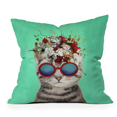 Coco de Paris Flower Power Cat turquoise Outdoor Throw Pillow