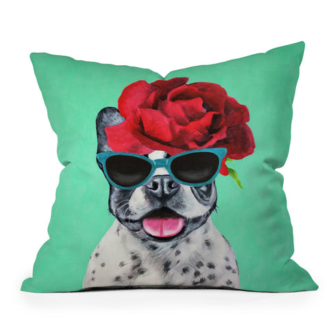 Coco de Paris Flower Power French Bulldog turquoise Outdoor Throw Pillow