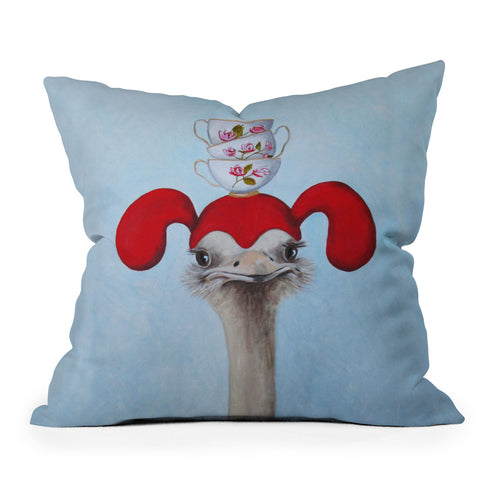 Coco de Paris Funny ostrich with stacking teacups Outdoor Throw Pillow