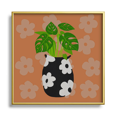 Coco de Paris Green plant retro style 1 Square Metal Framed Art Print
