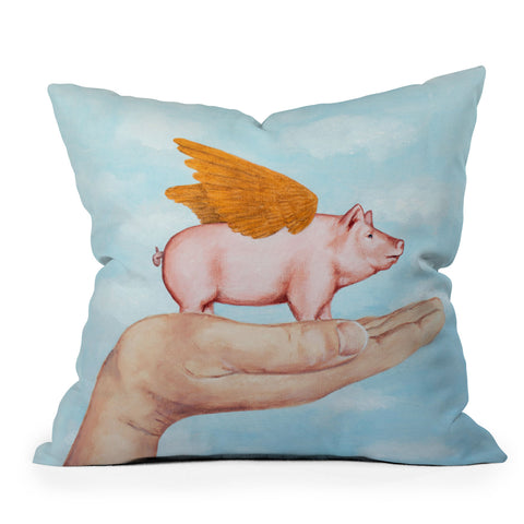 Coco de Paris Pig with Golden wings Outdoor Throw Pillow