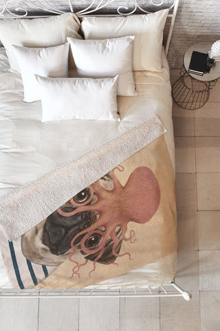 Coco de Paris Pug with octopus Fleece Throw Blanket
