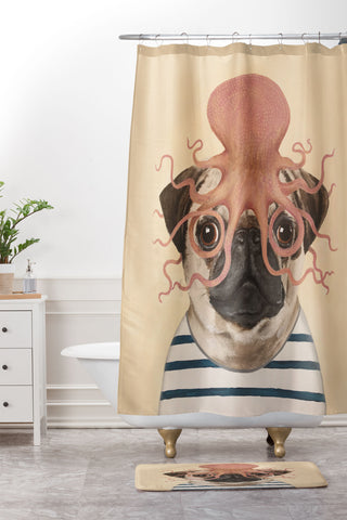 Coco de Paris Pug with octopus Shower Curtain And Mat