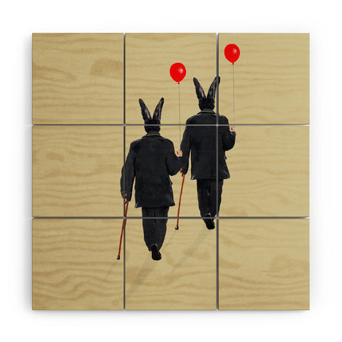 Coco de Paris Rabbits walking with balloons Wood Wall Mural