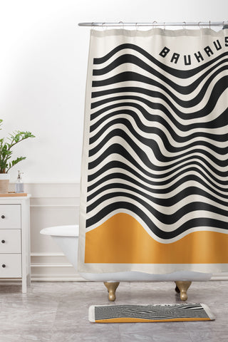 Cocoon Design Bauhaus Wavy Lines and Yellow Shower Curtain And Mat
