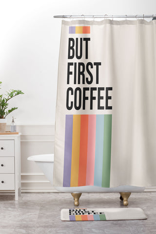 Cocoon Design But First Coffee Retro Colorful Shower Curtain And Mat