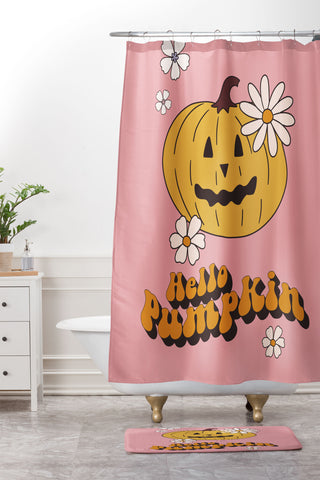 Cocoon Design Hello Pumpkin Retro Pink Shower Curtain And Mat