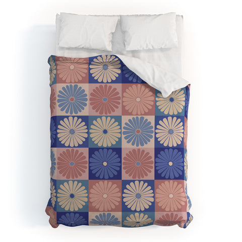 Colour Poems Checker Daisies II Blue Pink Duvet Cover