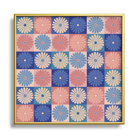 Colour Poems Checker Daisies II Blue Pink Square Metal Framed Art Print