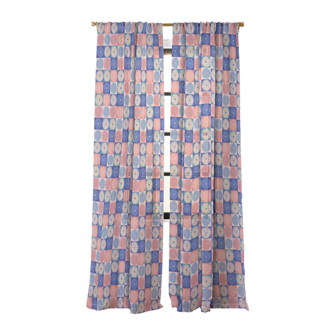 Colour Poems Checker Daisies II Blue Pink Sheer Window Curtain