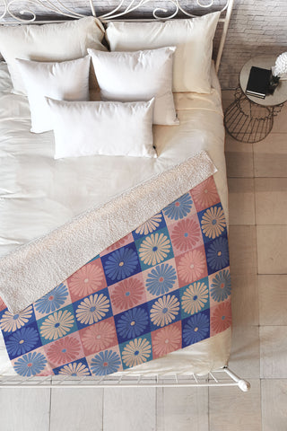 Colour Poems Checker Daisies II Blue Pink Fleece Throw Blanket