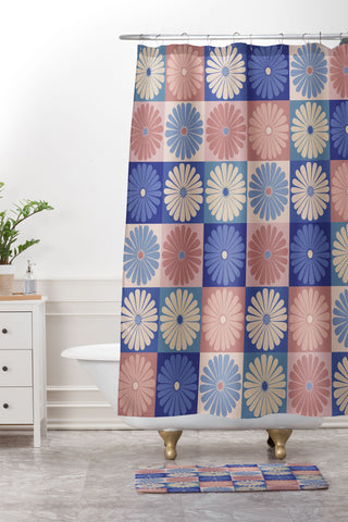 Colour Poems Checker Daisies II Blue Pink Shower Curtain And Mat