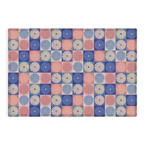 Colour Poems Checker Daisies II Blue Pink Outdoor Rug