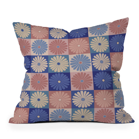 Colour Poems Checker Daisies II Blue Pink Outdoor Throw Pillow