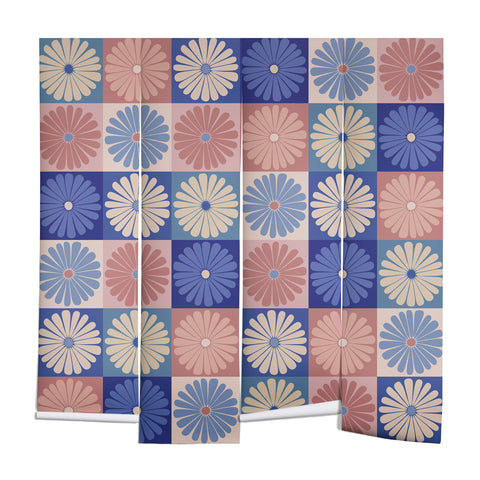 Colour Poems Checker Daisies II Blue Pink Wall Mural