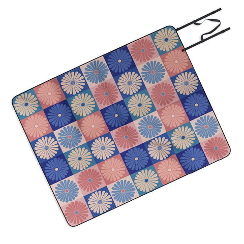 Colour Poems Checker Daisies II Blue Pink Picnic Blanket